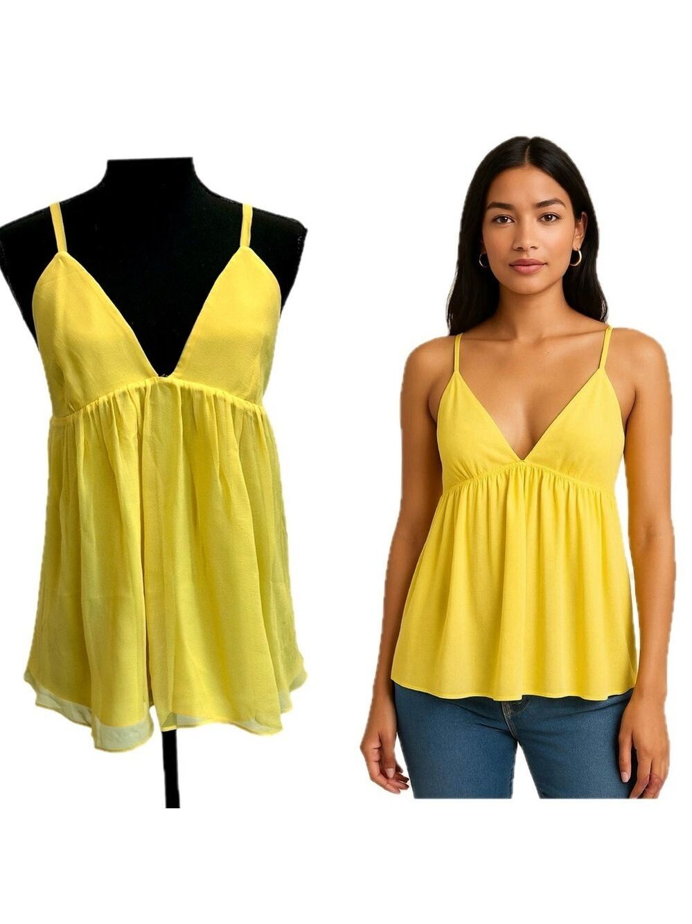 Alice + Olivia yellow baby doll silk blouse camisole spaghetti strap V-neck L